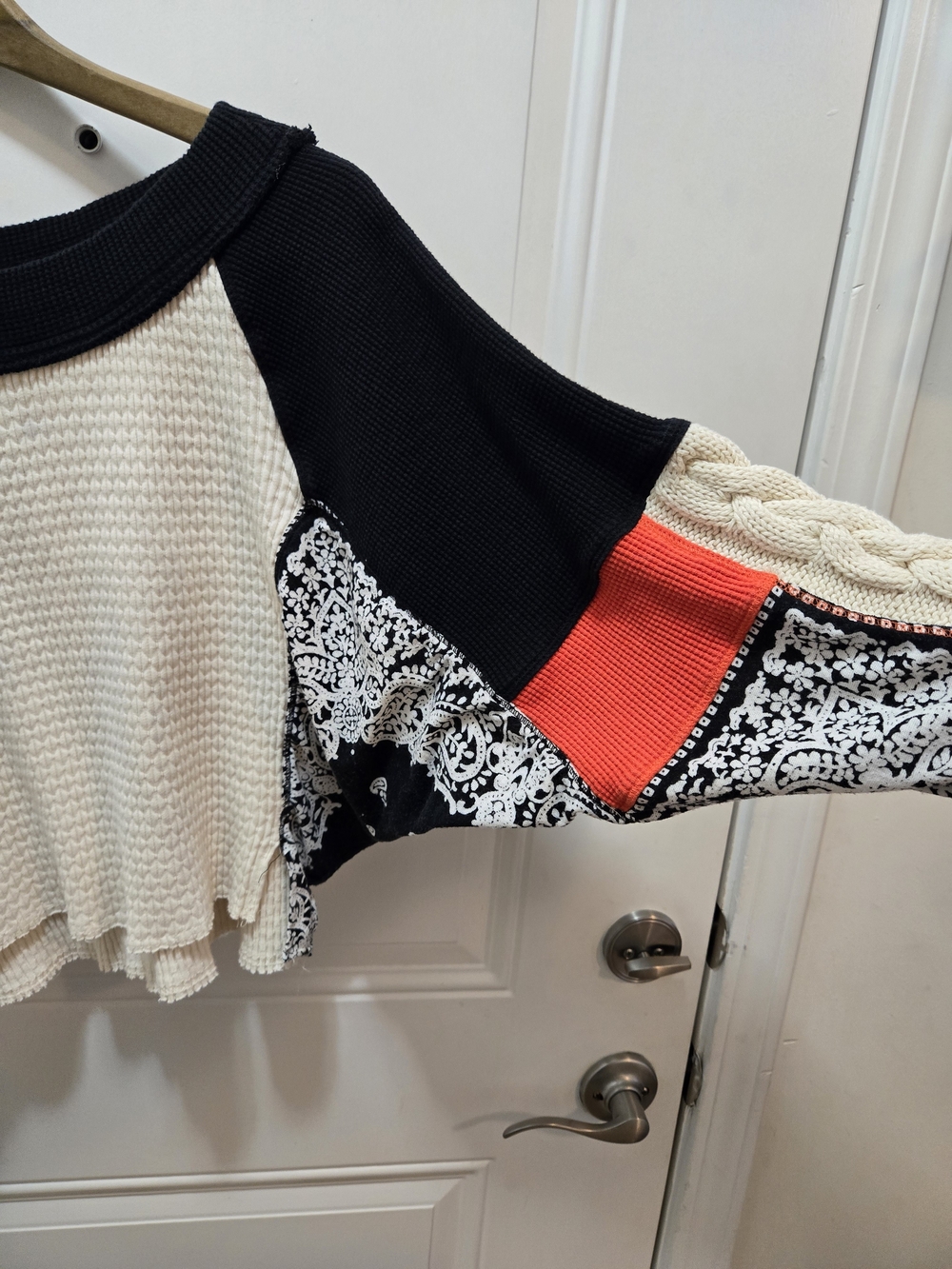 Free People Off-Shoulder Mixed Knit Sweater in Black, Cream & Red Accent - Picture 2 of 8
